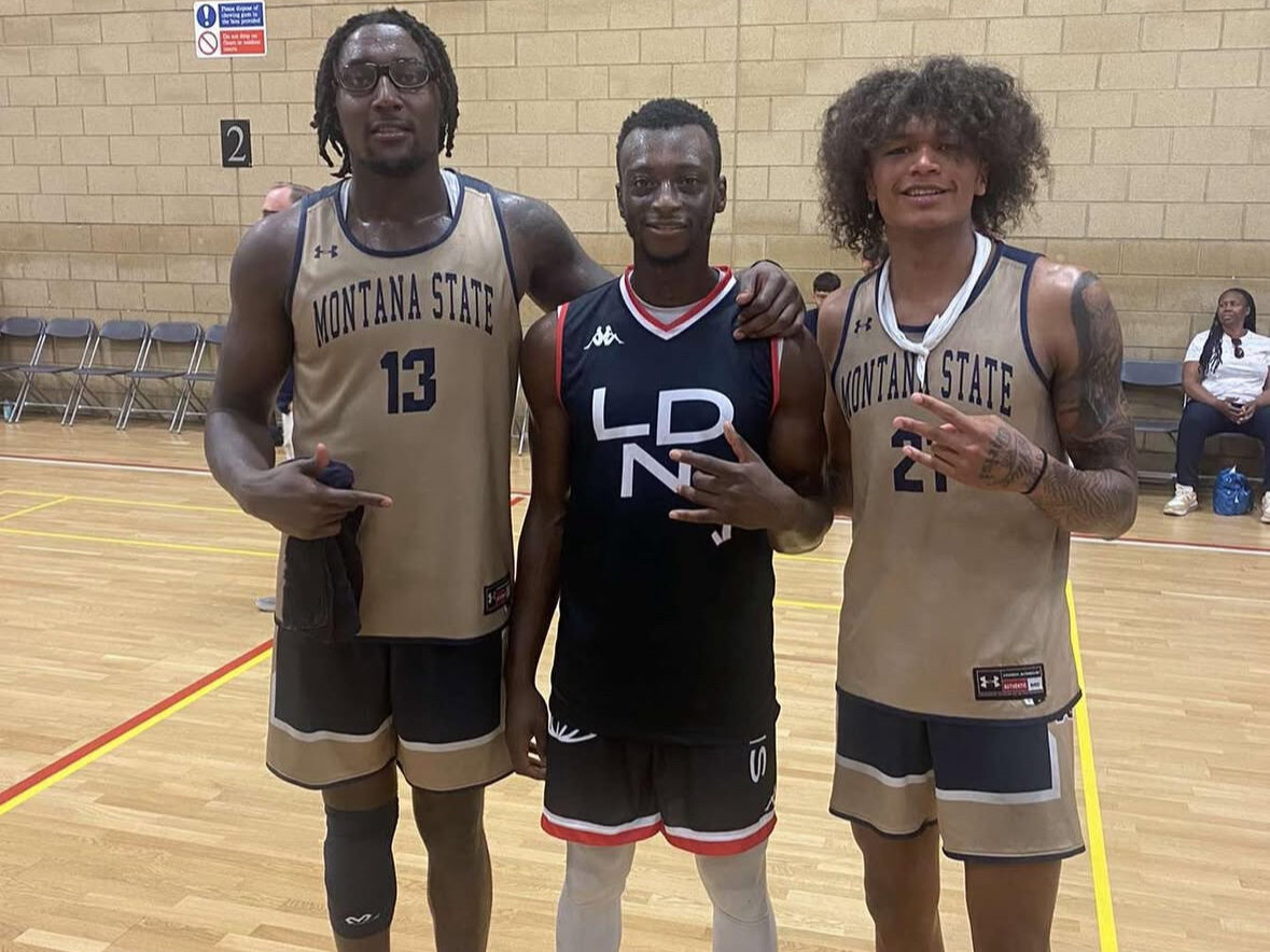 RaeQuan Battle with Teammate GB International Jubrile Belo and London Lions Point Guard Amin Adamu at Barking Abbey.